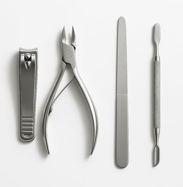 Stainless steel manicure tools including nail clippers, cuticle pushers and files for professional g