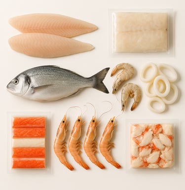 Frozen seafood assortment including fish, shrimp and shellfish for export markets