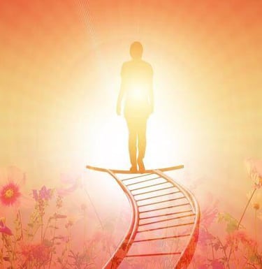 Human figure standing at the end of a DNA-shaped path, surrounded by flowers and radiant light.
