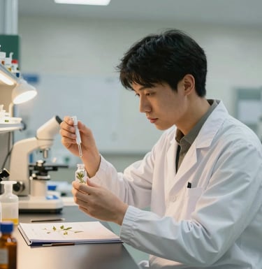 A professional chemist in a bright, modern North American / US laboratory, meticulously inspecting a botanical extract under warm, cinematic lighting. The room features dark forest green equipment accents and a clean off-white mist environment.