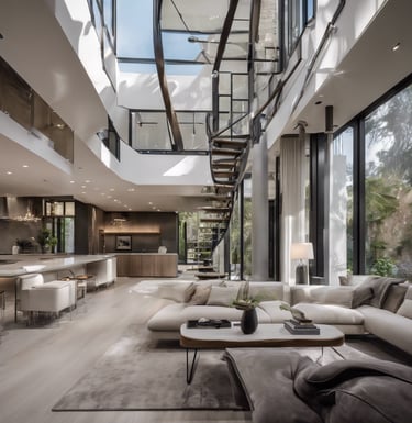 a living room with a staircase leading to a staircase