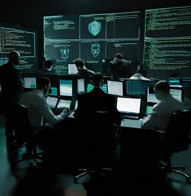 a group of people sitting at desks in a room