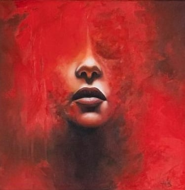 Red-toned painting of a woman's face with obscured eyes and prominent lips.