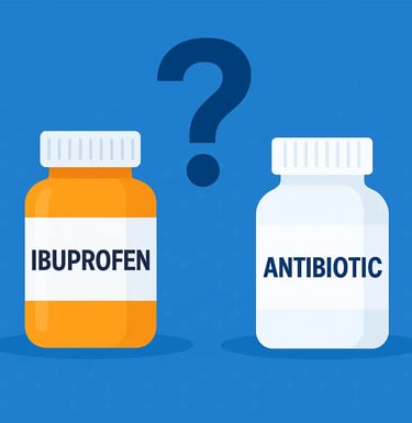 Illustration ibuprofen & antibiotic pill bottles with large question mark between them, symbolizing possible drug interaction