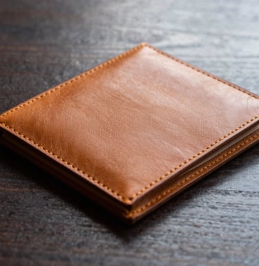 A minimalist, artistic shot of a high-quality leather bill folder on a dark wooden table in a Western European / Dutch restaurant. Soft golden lighting highlights the texture of the leather, symbolizing the verification of the dining experience.
