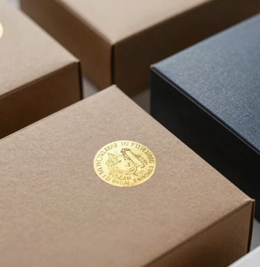 Close-up photography of various value-added finishes on packaging including spot UV, gold foil stamping, and matte lamination on high-quality paperboard. Professional North American / US business aesthetic.