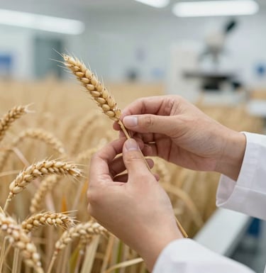A detailed shot of a person's hands wearing professional attire, inspecting high-quality organic grain stalks in a bright, modern laboratory setting. The background shows a soft-focus North American field. Clean, bright, and trustworthy aesthetic.