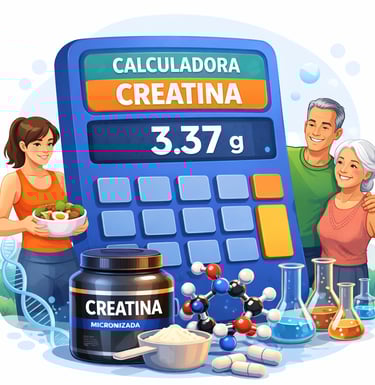 calculadora de creatina mostrando dosis personalizada en gramos, acompañada de personas activas y ma