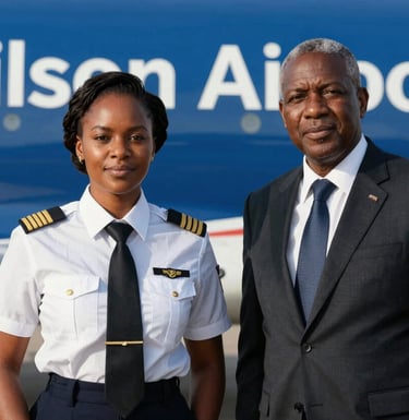 A portrait of a confident East African female pilot and a male aviation consultant standing together in front of a medium blue backdrop. They are dressed in professional aviation attire, representing the expert mentorship at Wilson Airport.