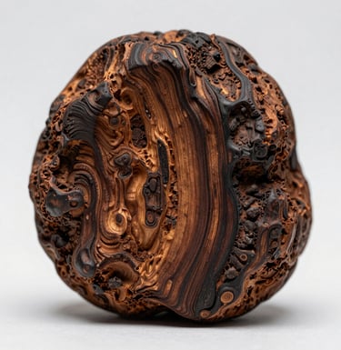 Macro studio photography of raw, heavily resinous Merauke agarwood, displaying dark intricate wood grain under warm light, luxurious natural style.