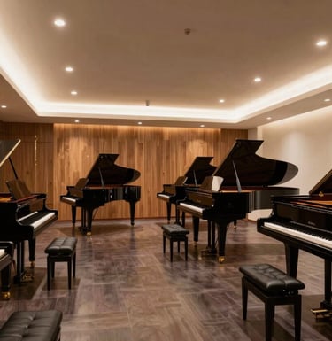 A wide-angle professional photograph of a luxurious music showroom. Grand pianos are arranged on a polished dark floor under warm oak accents and soft ivory lighting. The atmosphere is quiet, professional, and prestigious.