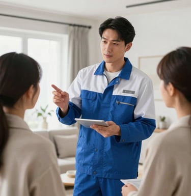 A professional technician in a clean blue and white uniform politely explaining energy saving options to a homeowner in a bright, modern French living room. Focus on trust and expertise, Central European style.