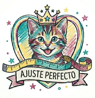 Gatito colorido con una corona dentro de un corazón con una cinta métrica y la pancarta "Ajuste Perf