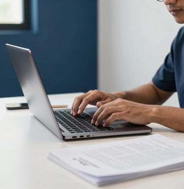 Photography of a Southeast Asian professional editor's hands working on a sleek laptop next to a stack of manuscripts in a brightly lit, minimalist office with navy blue decor.