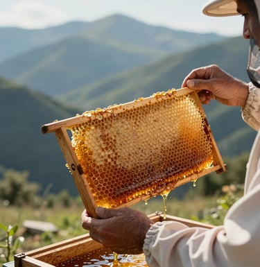 A warm, artisanal shot of an Albanian beekeeper's hands holding a honeycomb, the sun lighting up the golden amber honey, set against sage green mountains.