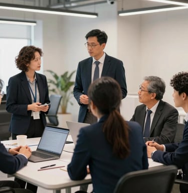 A modern, bright North American workspace where people are engaged in a collaborative discussion around a table. The scene emphasizes professional cooperation, featuring charcoal navy and off-white accents in the interior design.