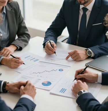 A strategic planning session with professional advisors around a table, looking at growth charts and market analysis in Mato Grosso. Lighting is sophisticated with dark navy and pale mist accents.