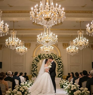 Cinematic photography of a luxury wedding ceremony in a grand Romanian ballroom, golden lights reflecting off crystal chandeliers, high-end film aesthetic.