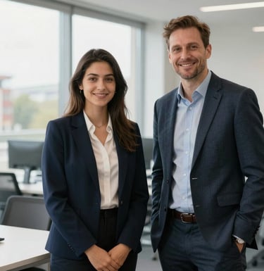 An elegant portrait of a student and teacher in a modern, light-filled office space with a view of Courbevoie. The style is professional and welcoming, with neutral colors and professional attire.