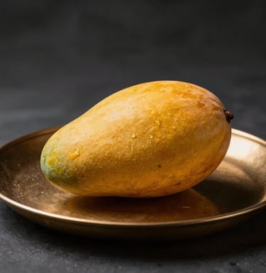 A professional studio photograph of a single, perfect golden Sindhri mango resting on a textured bronze platter. The lighting is soft and cinematic, highlighting the smooth skin and rich color. A dark, sophisticated background creates a premium South Asian aesthetic.