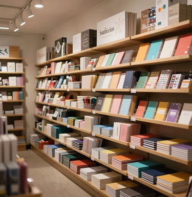 A wide photography shot of an organized South American stationery store interior, showcasing shelves with colorful paper, notebooks, and writing materials under warm, soft lighting.