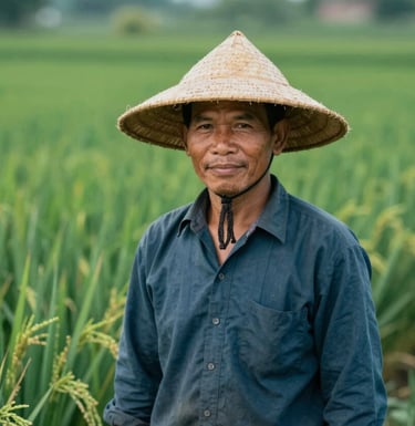 A portrait of a Thai farmer in a traditional hat standing proudly in a rice field, captured with professional editorial lighting. The colors emphasize the deep greens of #1E3A2F and #4A6C5B.