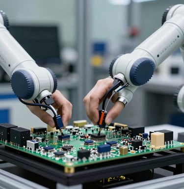 A macro photograph of automated robotic arms placing tiny components on a circuit board in a high-tech facility in North America, with sharp focus and professional lighting.