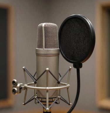 A close-up of a professional condenser microphone with a pop filter in a recording studio, featuring soft bokeh of studio panels in the background, set in a South Asian / Indian context.