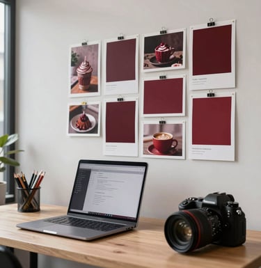 A creative agency workspace with a laptop, a professional camera, and a moodboard pinned with food photography and deep crimson color swatches in a bright North American office.