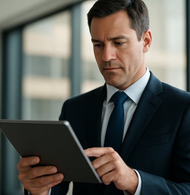 A close-up of a professional manager using a sleek tablet in a modern office. Clean lines, soft daylight, focusing on the interface and a confident expression. North American setting.