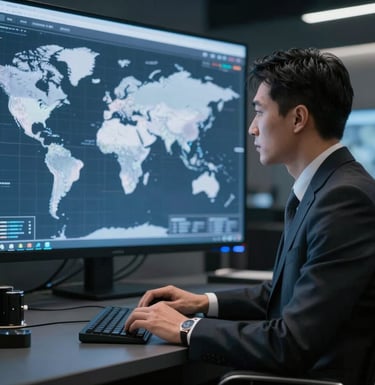 Business professional analyzing global market data on screen for international expansion planning