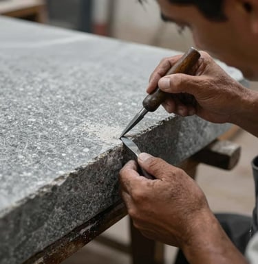 Close-up of an expert craftsman in a Mexican workshop, using traditional tools to refine the edge of a large, luxurious grey stone slab, focus on texture and skill.