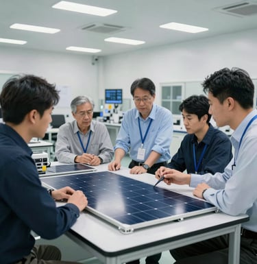 Professional photography of an East Asian / International Business setting inside a modern solar research facility. Engineers are collaborating around a large table, examining sleek solar cell prototypes in a bright lab.