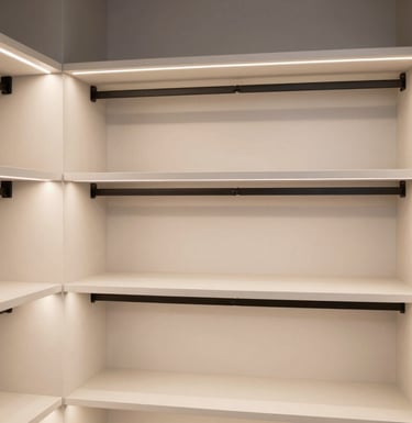 A professional interior photograph of a custom walk-in closet in a North American / Miamian home, featuring soft ivory shelving, integrated LED lighting, and sleek black hardware, clean editorial style.