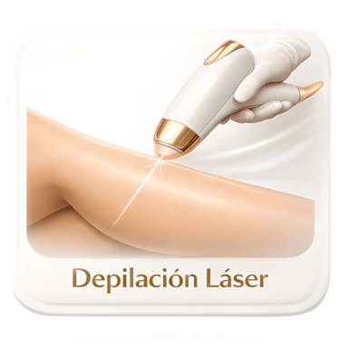 Professional laser hair removal treatment on a leg with the text Depilación Láser.