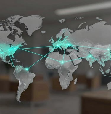 A graphic illustration or professional photograph showing a world map with glowing teal lines connecting major port cities, representing the TeamX global trading network. Style is minimalist and professional.