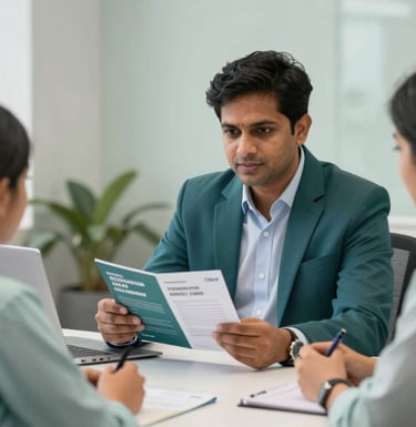 A professional South Asian / Indian educational consultant in a modern Hyderabad office, sitting across a desk from a student and their parent, showing them a brochure about medical education in deep teal and pale mist colors.