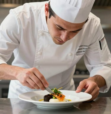 A professional chef in a clean white uniform meticulously plating a sophisticated dish in a modern kitchen. Elegant and focused atmosphere. European / Português attire.