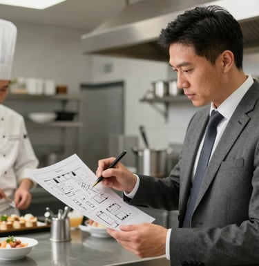 A professional hospitality consultant in business attire reviewing a floor plan with a chef in a modern, clean restaurant kitchen. Bright, industrial lighting. Global B2B.