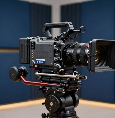 A close-up photograph of a professional cinema camera mounted on a stabilization rig. The setting is a sleek, modern studio with Obsidian Blue acoustic panels and soft Burnished Gold accent lighting.