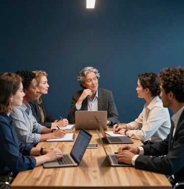 A side-view photograph of a diverse group of Australian professionals in a boardroom meeting, focused on a collaborative discussion with notebooks and laptops, set against a dark blue wall with soft overhead lighting.