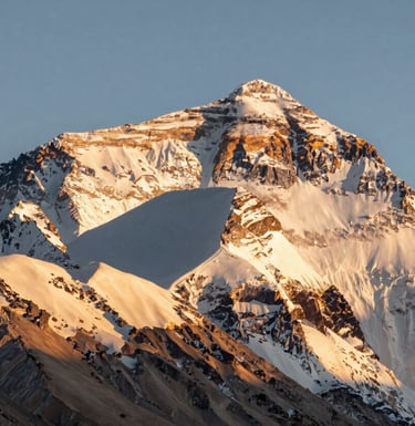 A majestic, close-up photograph of the Mt. Everest summit during the golden hour. The sunlight paints the ice in Earthy Tan and Soft Off-White tones against a clear sky.
