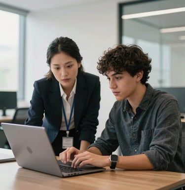 A professional photography shot of an educational consultant and an international student looking at a laptop together in a bright, modern office with charcoal and silver accents. The atmosphere is supportive and empowering.