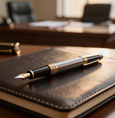An elegant close-up of a luxury fountain pen resting on a dark leather portfolio, warm golden-hour light catching the metallic details, soft out-of-focus executive boardroom background.