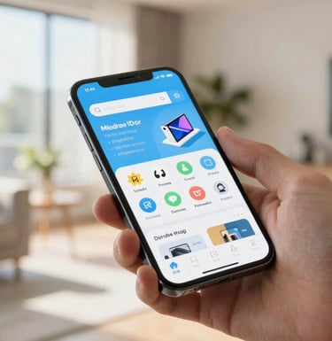 A close-up photograph of a hand holding a high-end smartphone in a sunlit, modern North American apartment. The screen shows a sleek app store interface with clean icons and sky blue accents. The background is softly blurred.