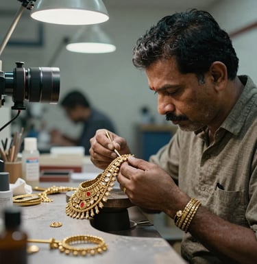 A professional photograph of a master craftsman in a modern South Asian jewelry workshop, meticulously inspecting a detailed gold bridal necklace. The environment is clean and sophisticated, conveying industrial reliability.