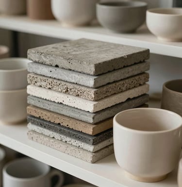 A vertical shot showing a stack of various roster samples—cement, clay, and ceramic—arranged neatly in a minimalist Indonesian showroom. Natural lighting, focus on textures.
