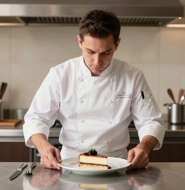 A professional culinary expert in a clean, modern North American studio kitchen, focused on delicately plating a slice of cake. The background features light beige walls and dark brown accents. High-end lifestyle photography.