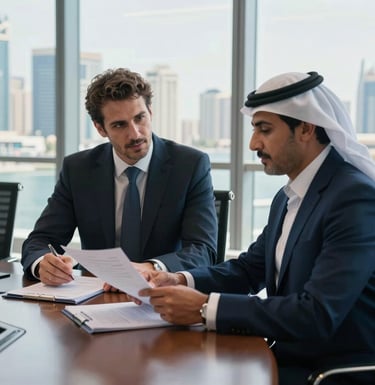 A detailed professional photograph of a corporate meeting in a modern, sunlit boardroom overlooking the Dubai Marina. A European executive and a GCC business partner are looking at documents, presenting a feeling of trust, efficiency, and collaboration. Authoritative deep blues.