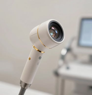 A close-up, high-end photograph of a medical-grade skin treatment device in a minimal clinical setting with soft lighting and light gold accents.